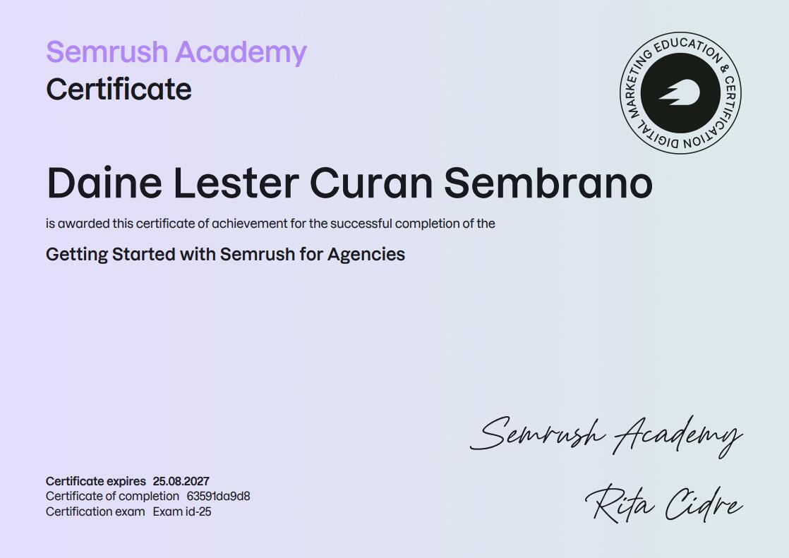 Getting Started with Semrush for Agencies certificate